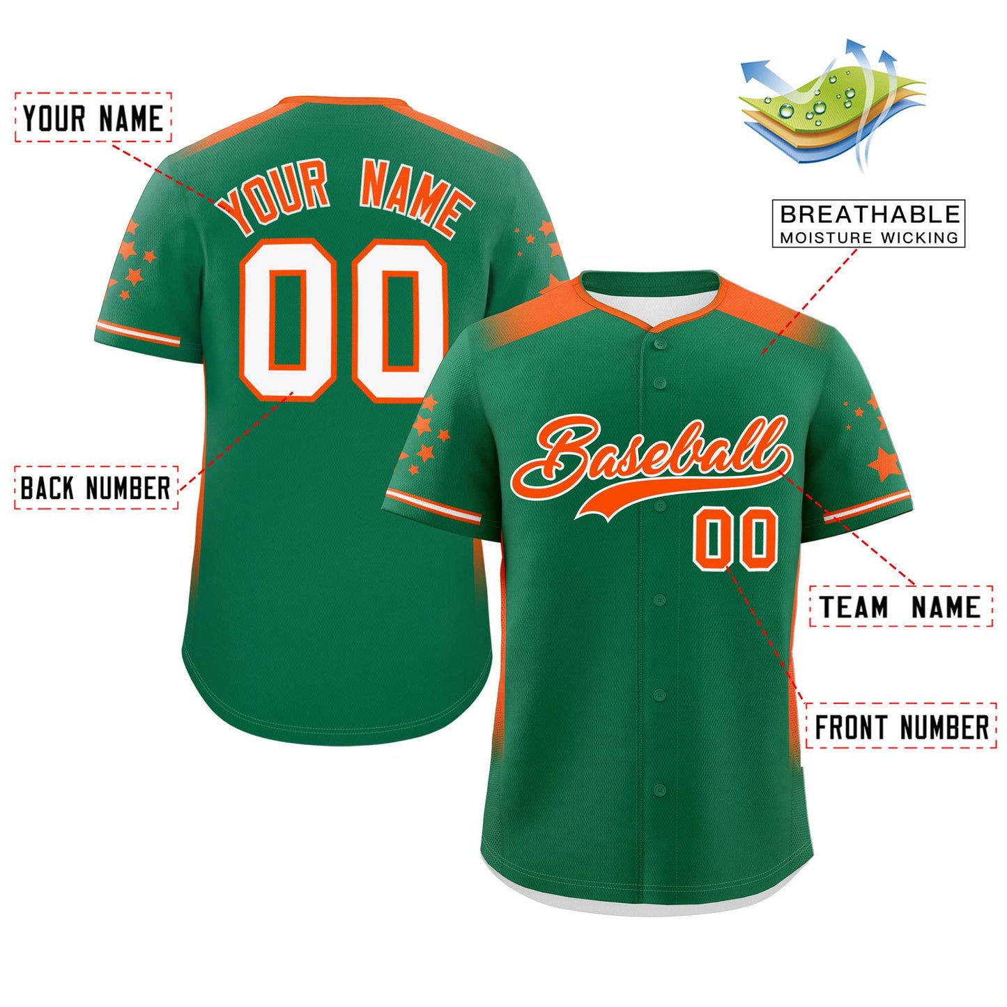 Custom Kelly Green Orange Gradient Side Personalized Star Pattern Authentic Baseball Jersey