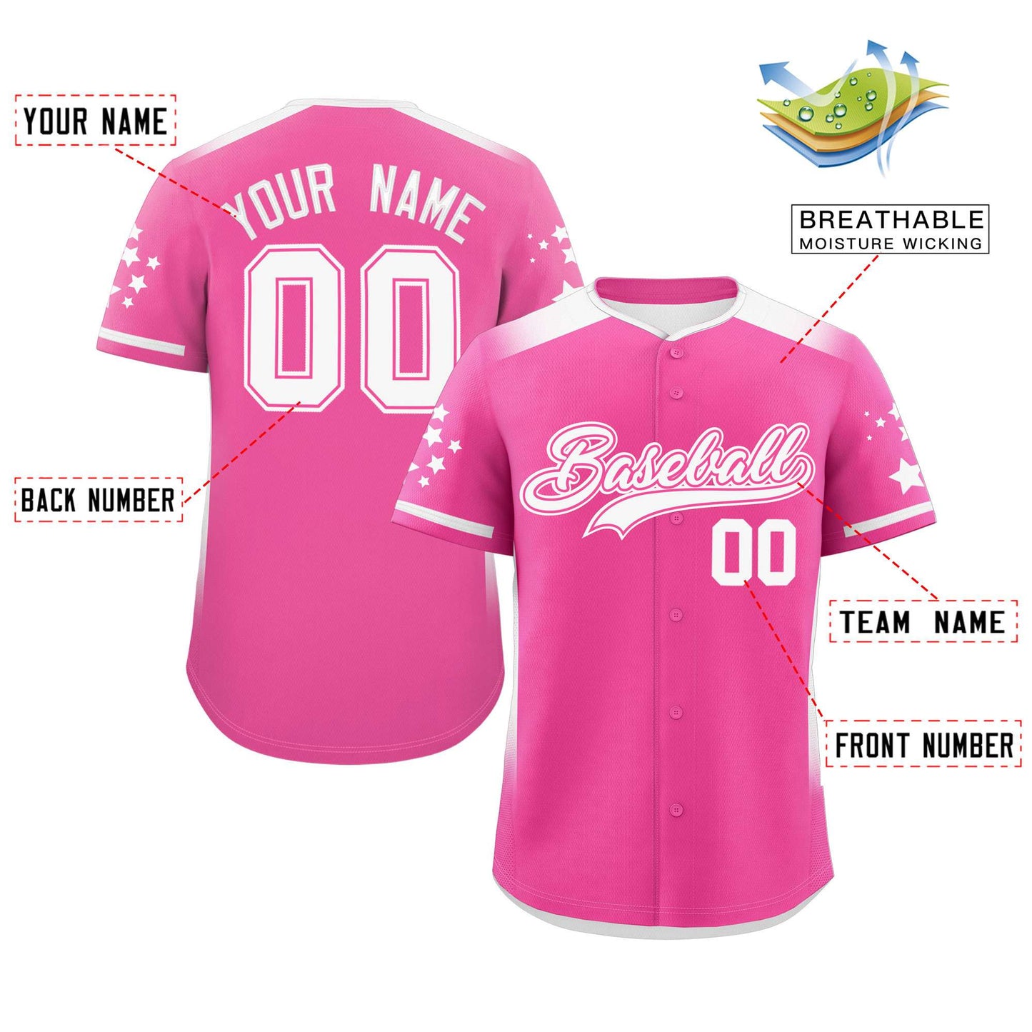 Custom Pink White Gradient Side Personalized Star Pattern Authentic Baseball Jersey