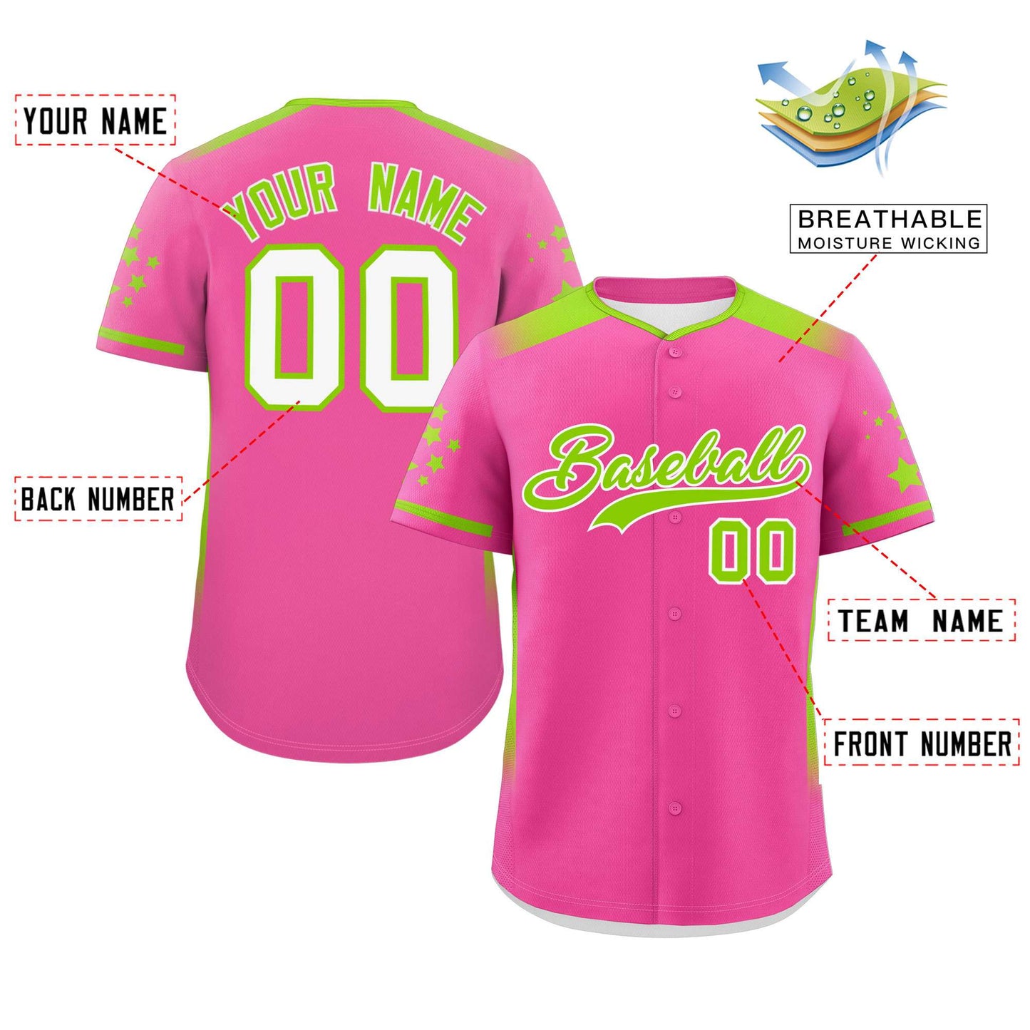 Custom Pink Neon Green Gradient Side Personalized Star Pattern Authentic Baseball Jersey