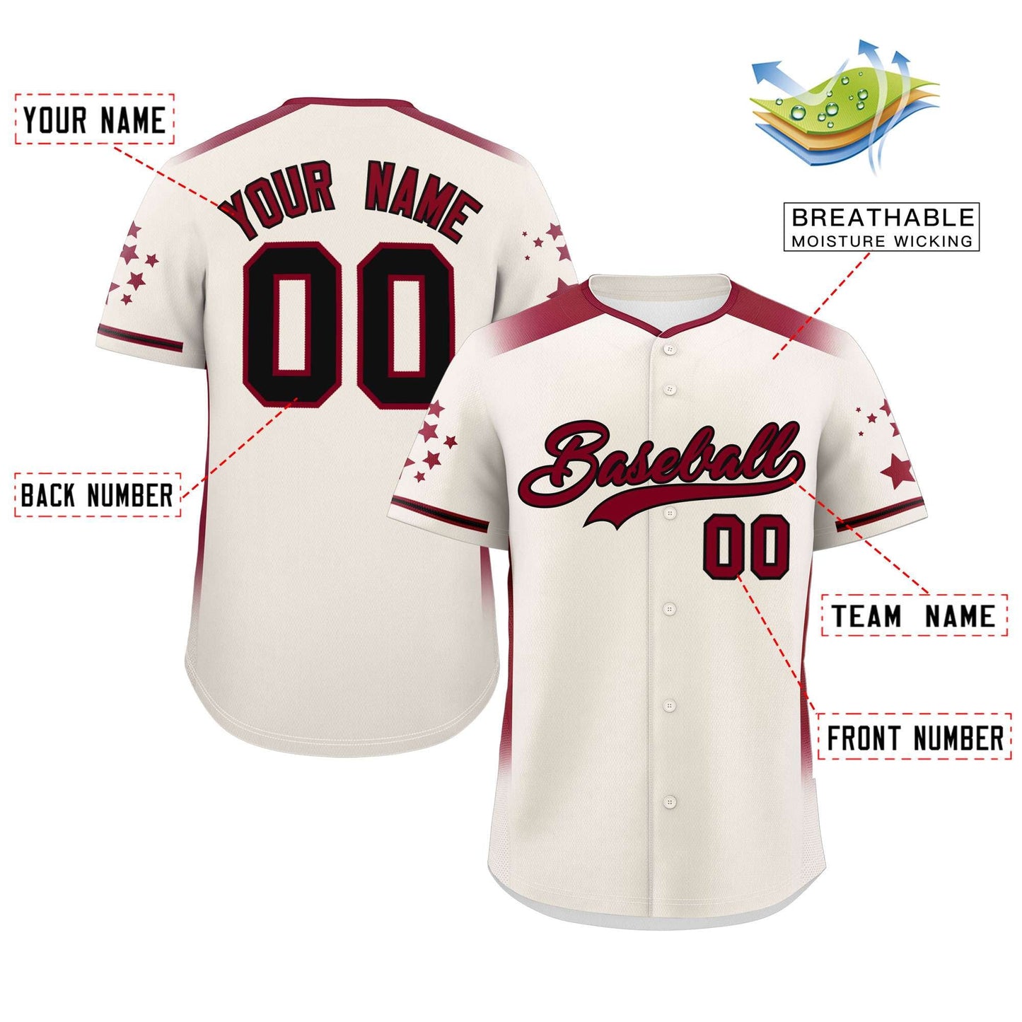 Custom Cream Crimson Gradient Side Personalized Star Pattern Authentic Baseball Jersey