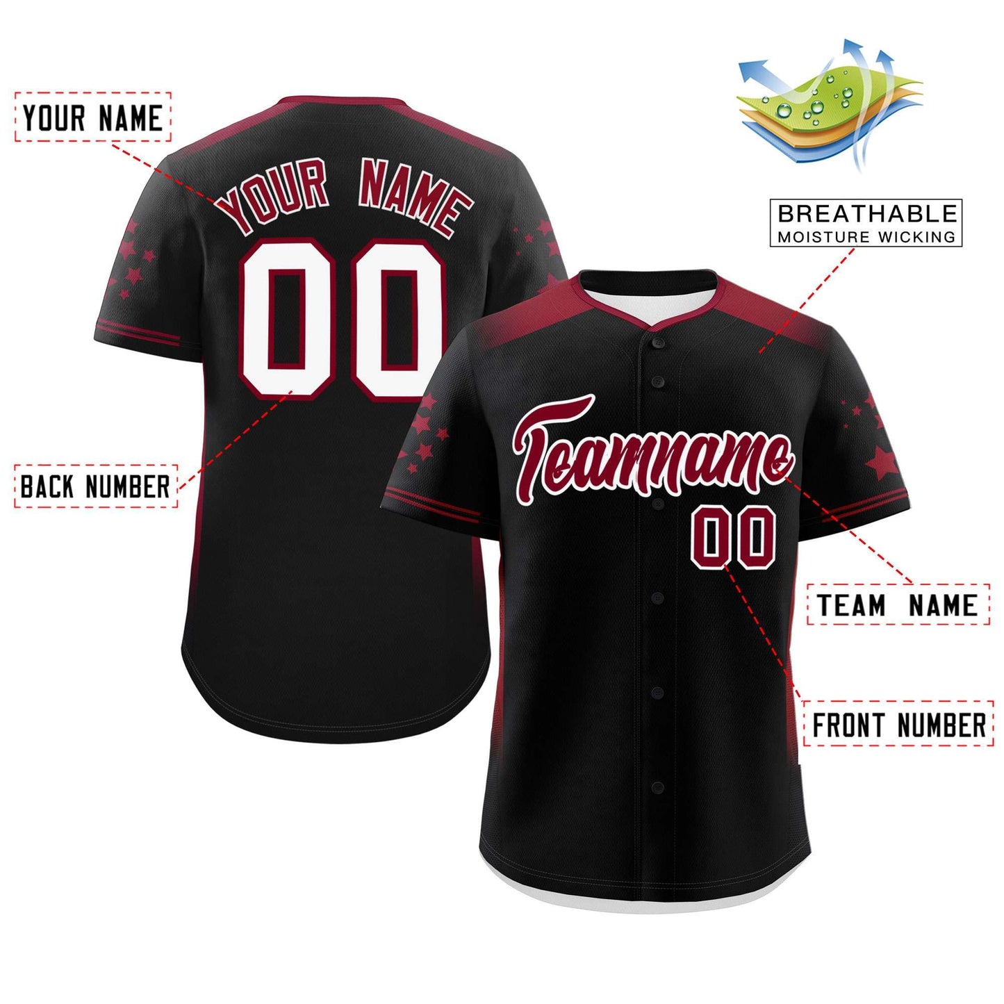 Custom Black Crimson Gradient Side Personalized Star Pattern Authentic Baseball Jersey