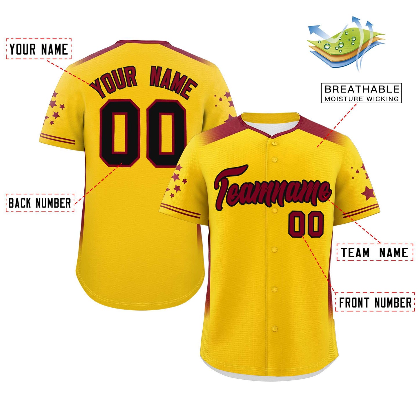 Custom Gold Crimson Gradient Side Personalized Star Pattern Authentic Baseball Jersey