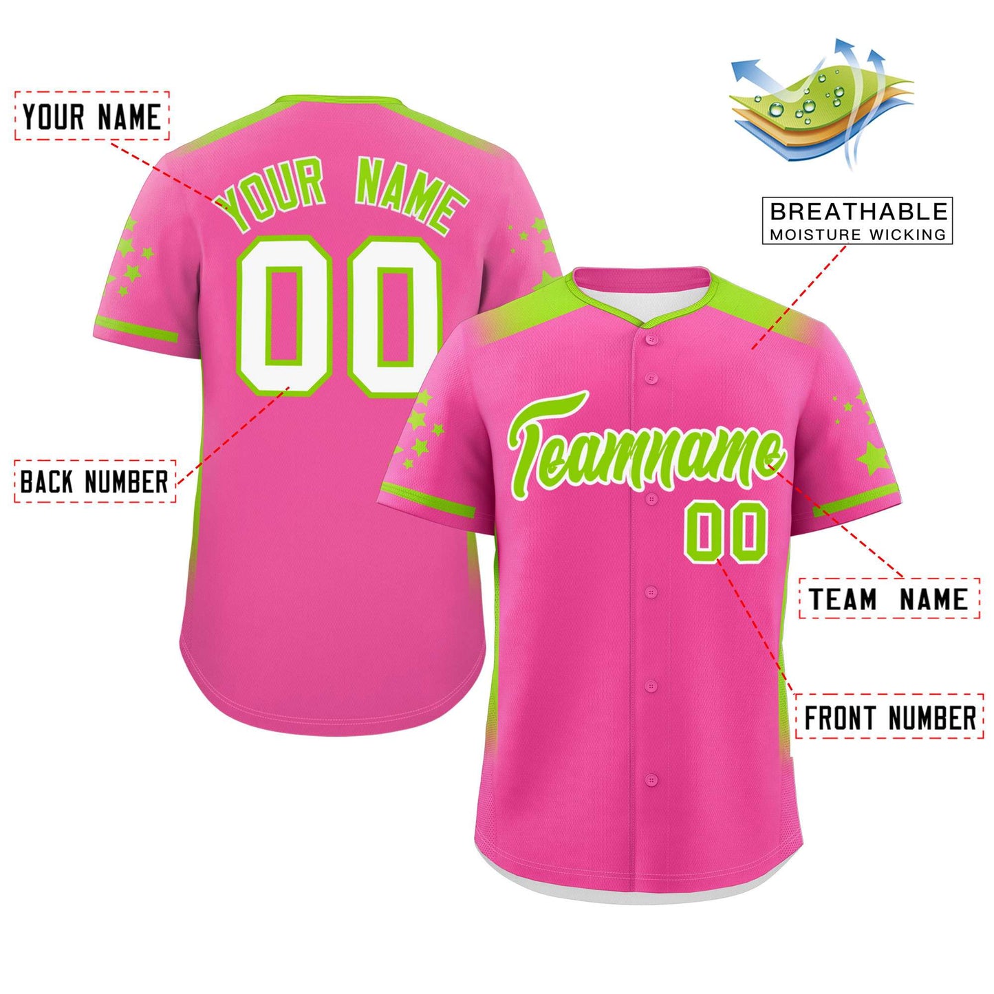 Custom Pink Neon Green Gradient Side Personalized Star Pattern Authentic Baseball Jersey