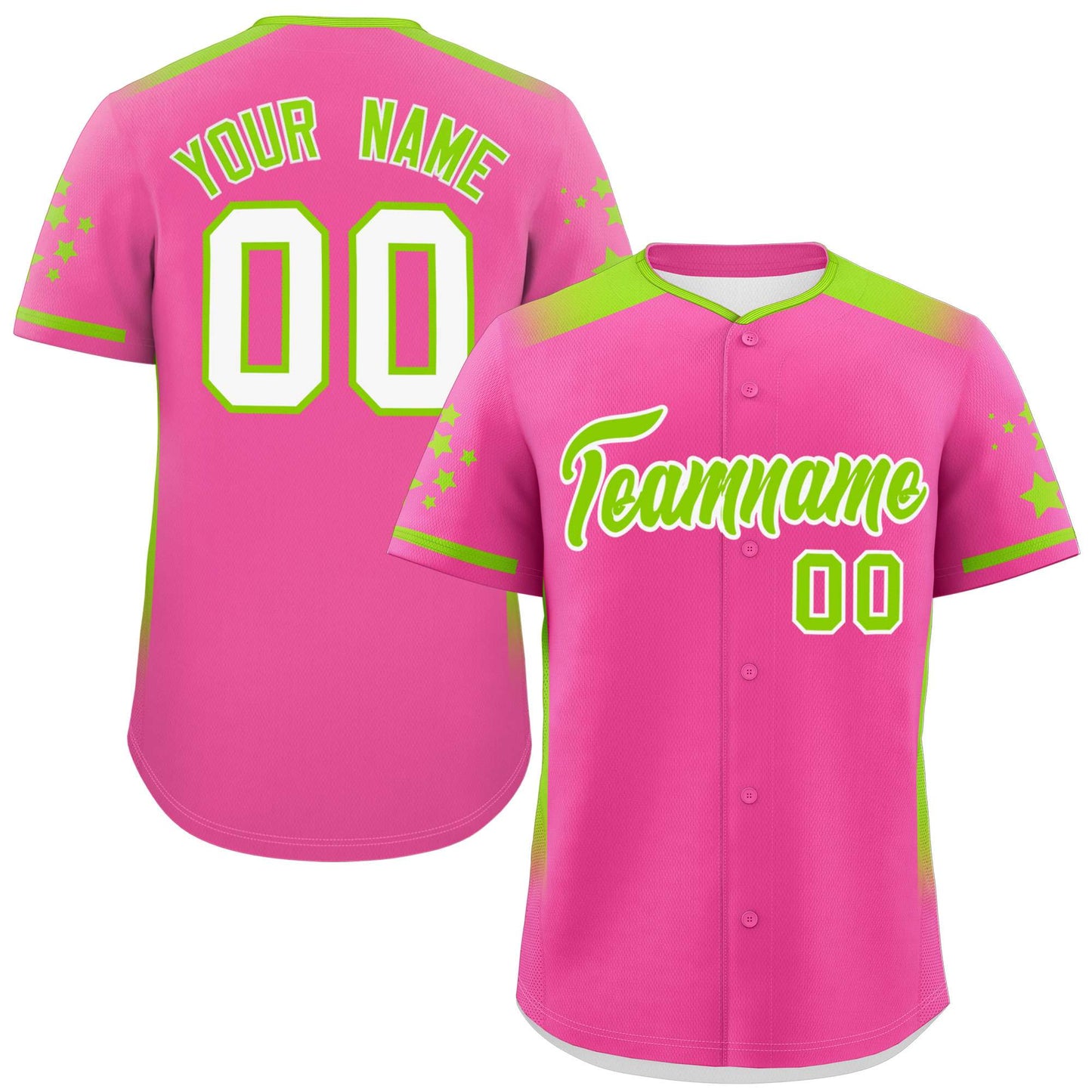 Custom Pink Neon Green Gradient Side Personalized Star Pattern Authentic Baseball Jersey