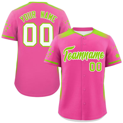 Custom Pink Neon Green Gradient Side Personalized Star Pattern Authentic Baseball Jersey