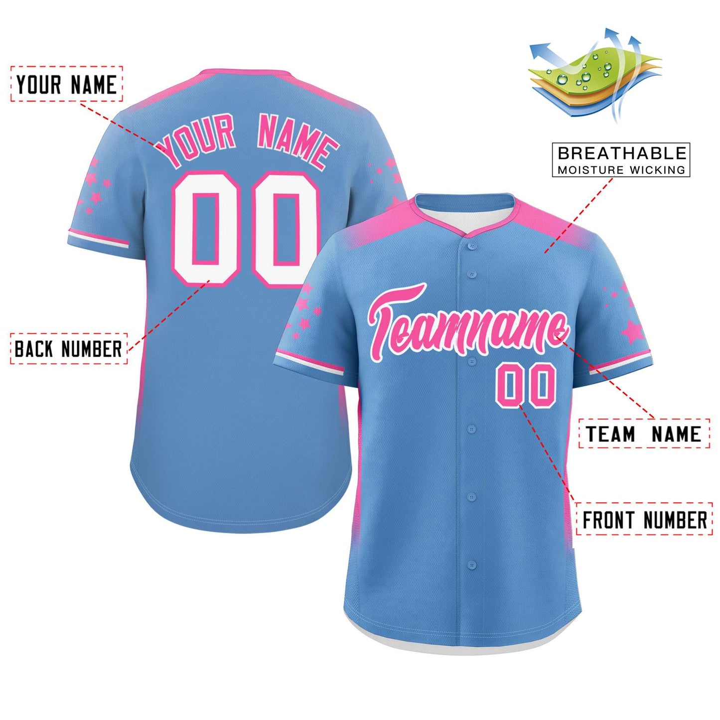 Custom Light Blue Pink Gradient Side Personalized Star Pattern Authentic Baseball Jersey