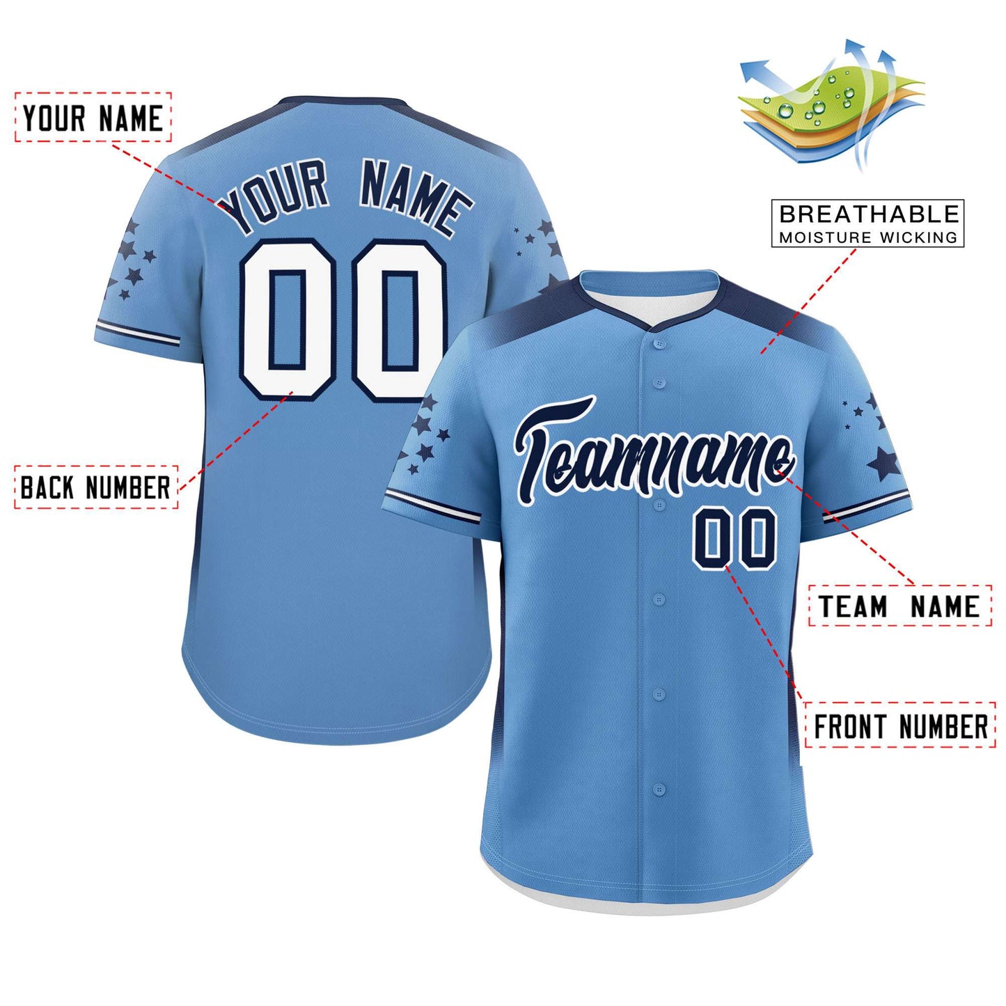 Custom Light Blue Navy Gradient Side Personalized Star Pattern Authentic Baseball Jersey