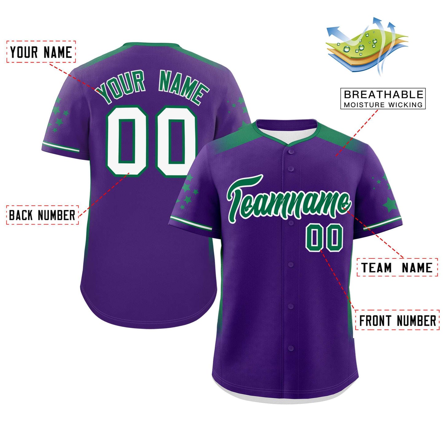 Custom Purple Kelly Green Gradient Side Personalized Star Pattern Authentic Baseball Jersey