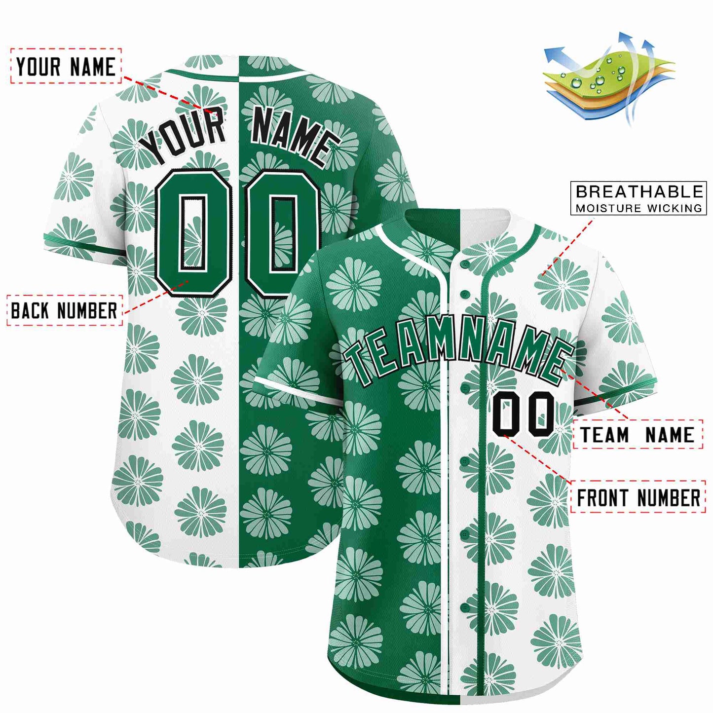 Custom Kelly Green White Split Fashion Flower Graffiti Pattern Authentic Baseball Jersey