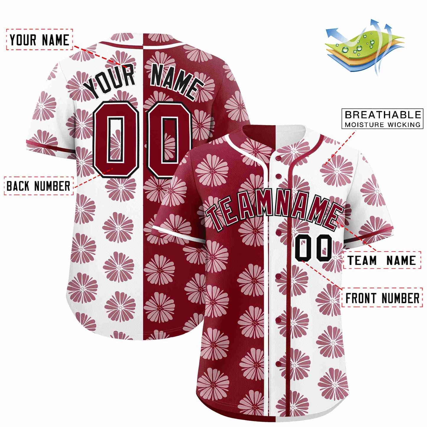 Custom Crimson White Split Fashion Flower Graffiti Pattern Authentic Baseball Jersey