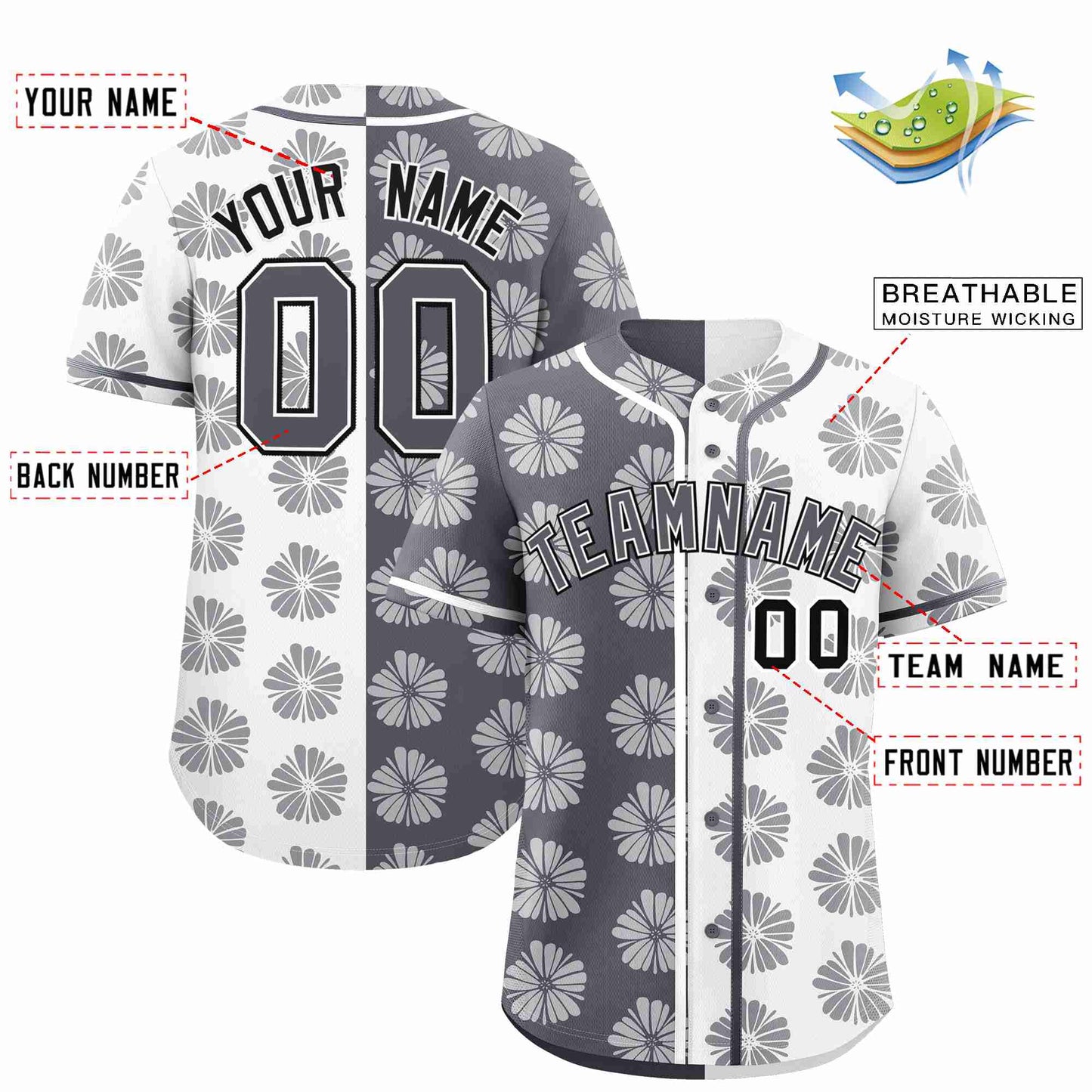 Custom Dark Gray White Split Fashion Flower Graffiti Pattern Authentic Baseball Jersey