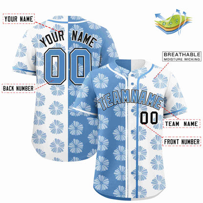 Custom Light Blue White Split Fashion Flower Graffiti Pattern Authentic Baseball Jersey