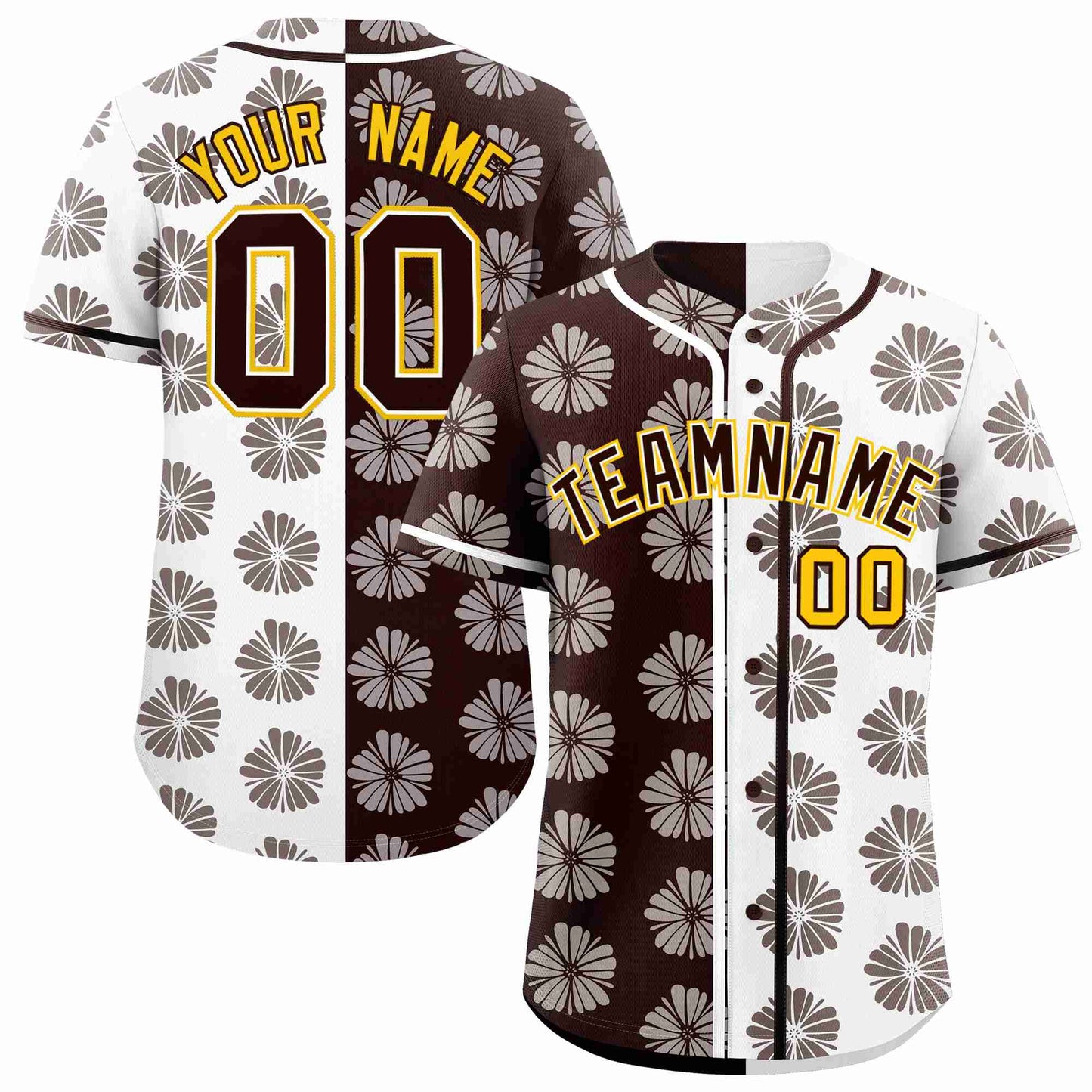 Custom Brown White Split Fashion Flower Graffiti Pattern Authentic Baseball Jersey