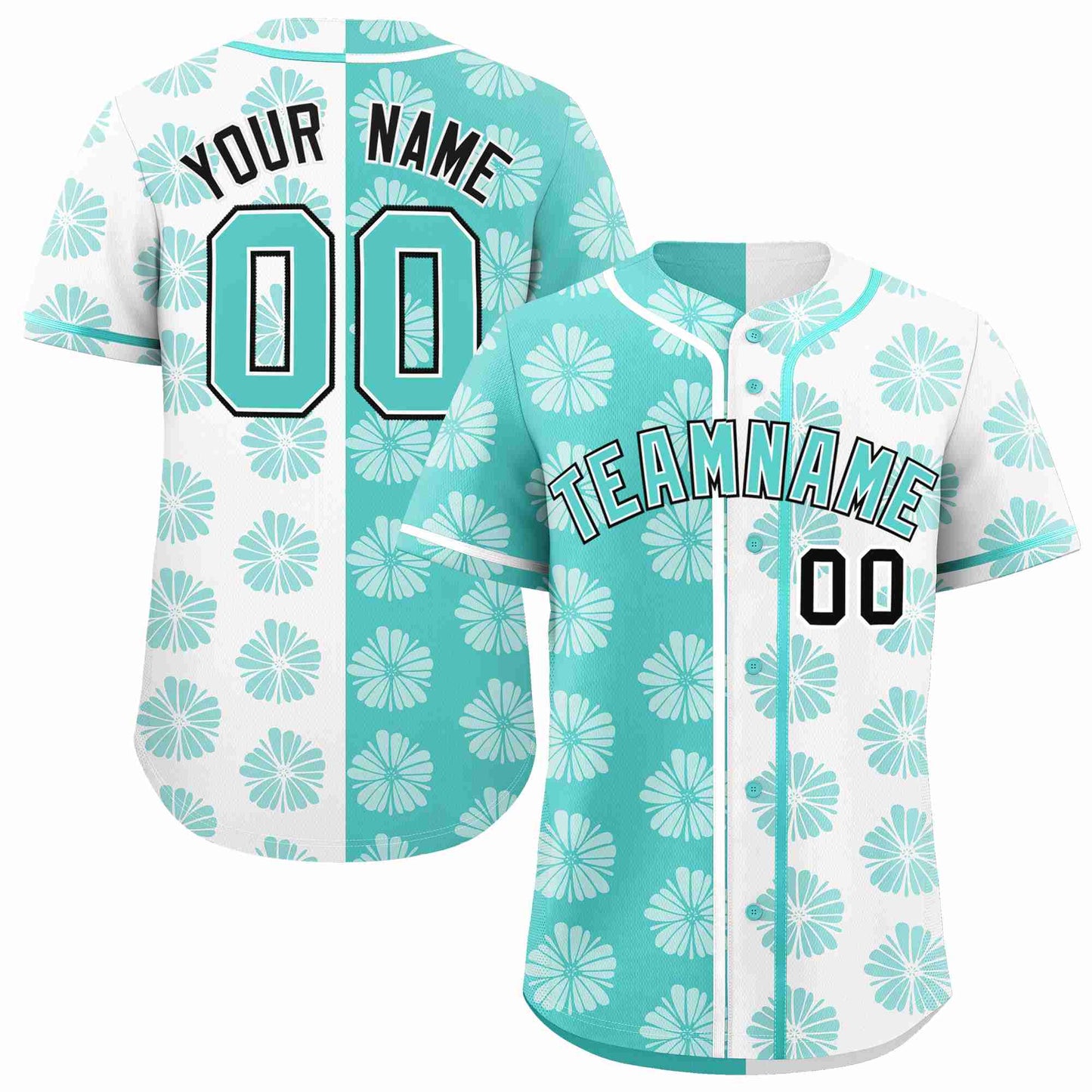 Custom Aqua White Split Fashion Flower Graffiti Pattern Authentic Baseball Jersey