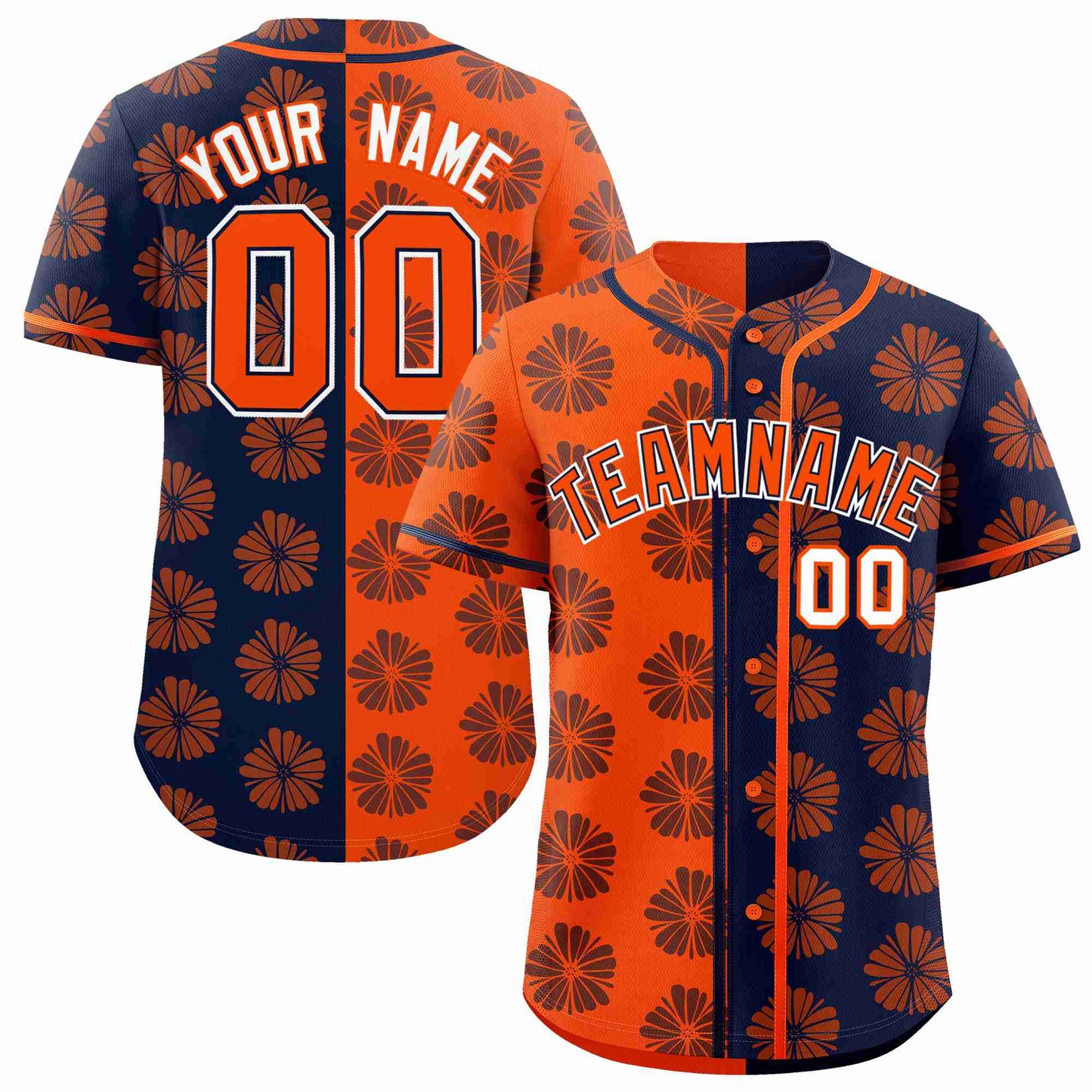 Custom Orange Navy Split Fashion Flower Graffiti Pattern Authentic Baseball Jersey