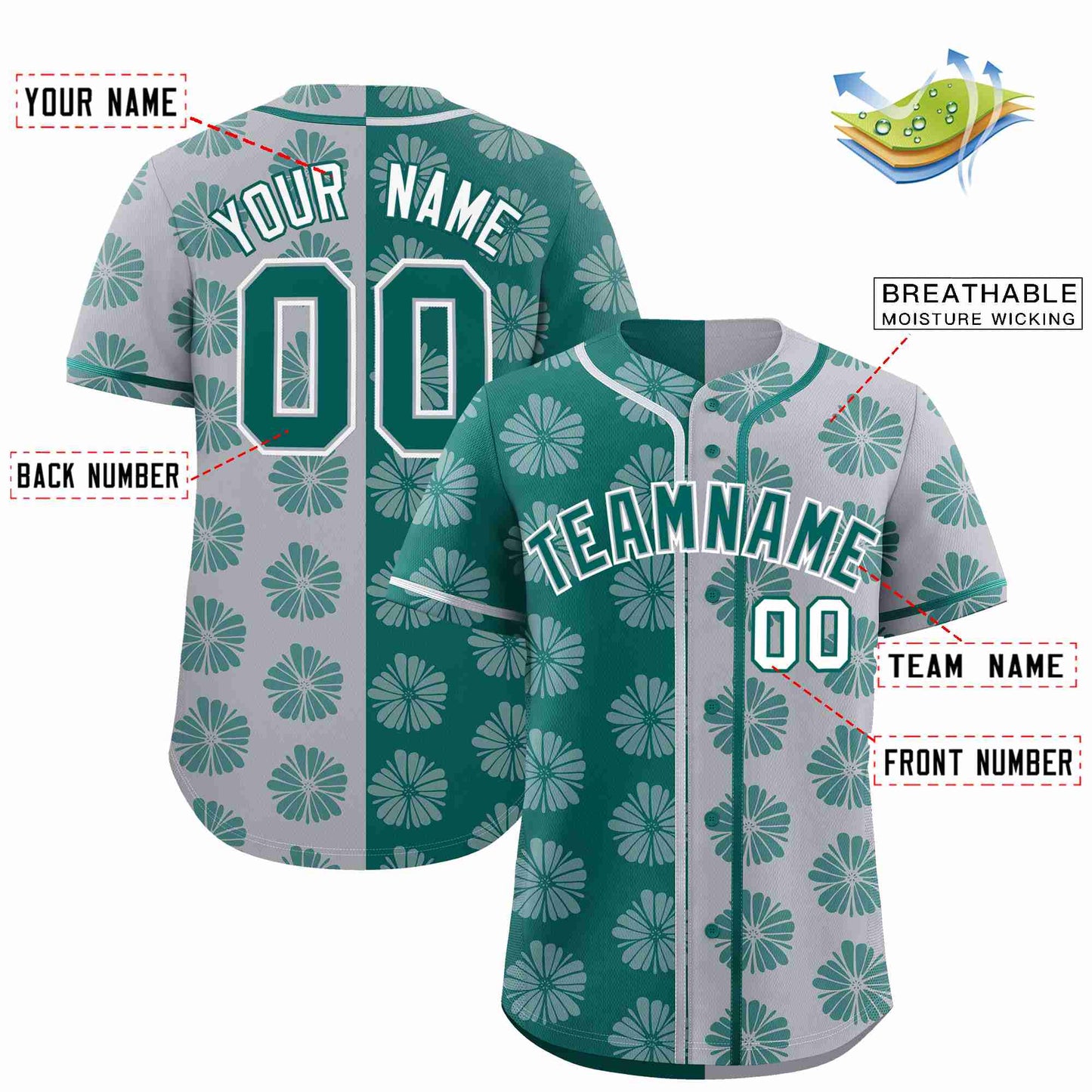 Custom Aqua Light Gray Split Fashion Flower Graffiti Pattern Authentic Baseball Jersey