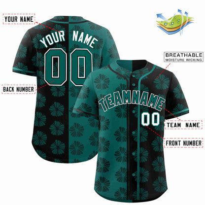 Custom Aqua Black Split Fashion Flower Graffiti Pattern Authentic Baseball Jersey