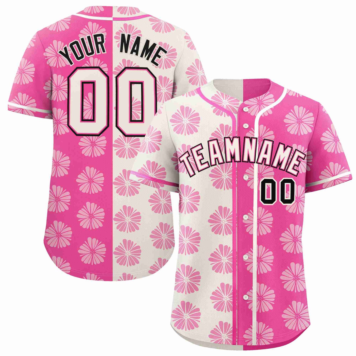 Custom Cream Pink Split Fashion Flower Graffiti Pattern Authentic Baseball Jersey