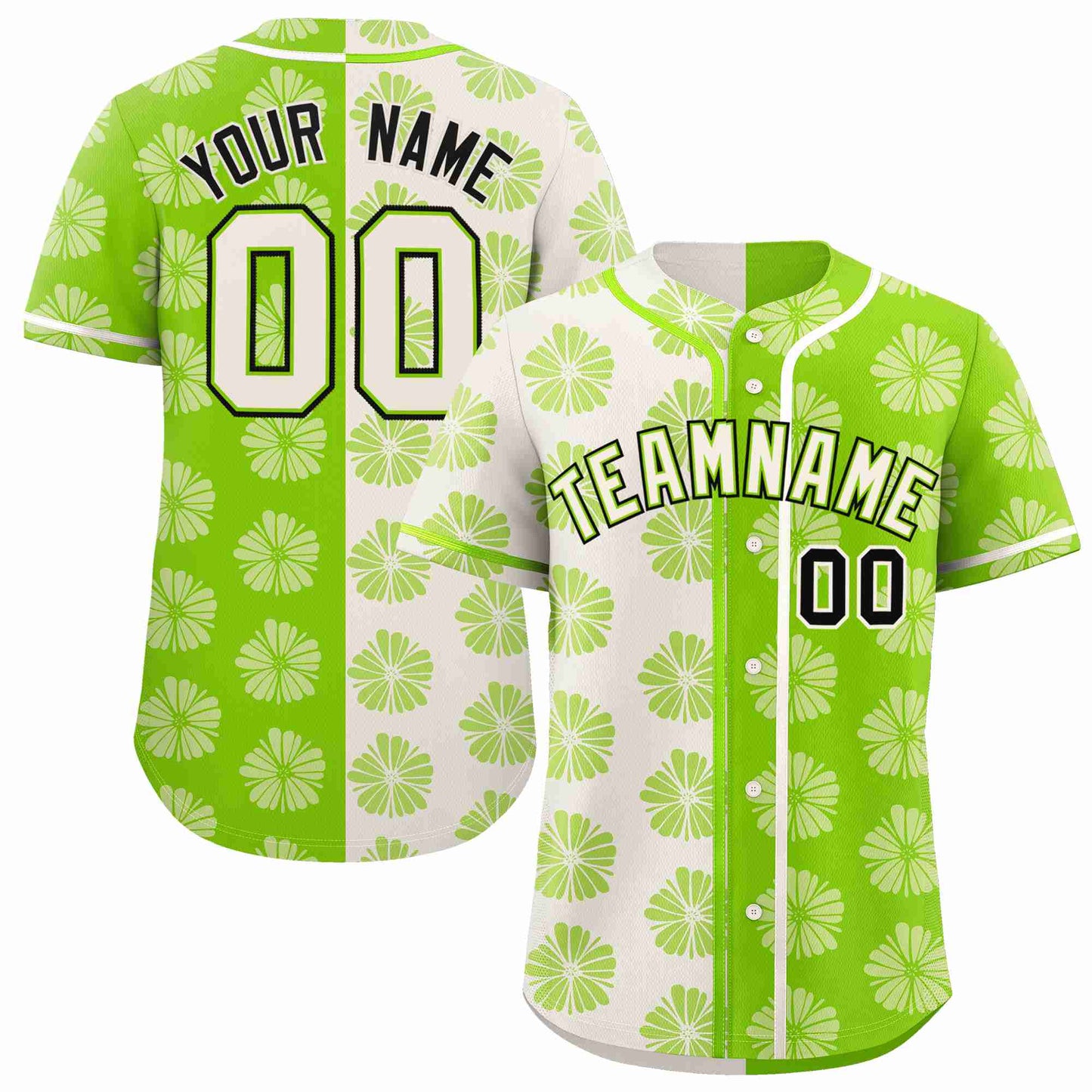 Custom Cream Neon Green Split Fashion Flower Graffiti Pattern Authentic Baseball Jersey