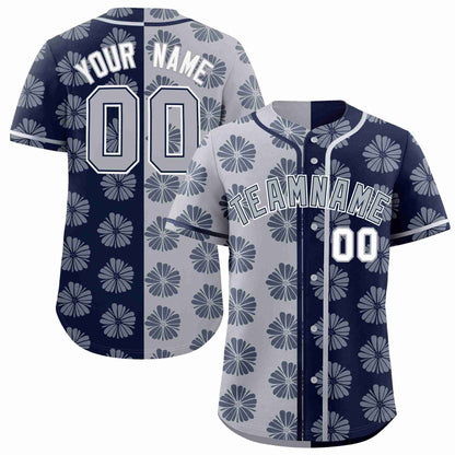 Custom Light Gray Navy Split Fashion Flower Graffiti Pattern Authentic Baseball Jersey