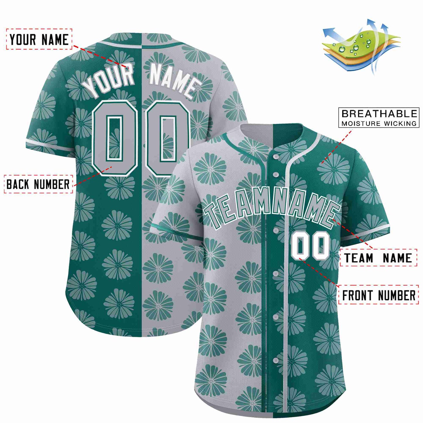 Custom Light Gray Aqua Split Fashion Flower Graffiti Pattern Authentic Baseball Jersey