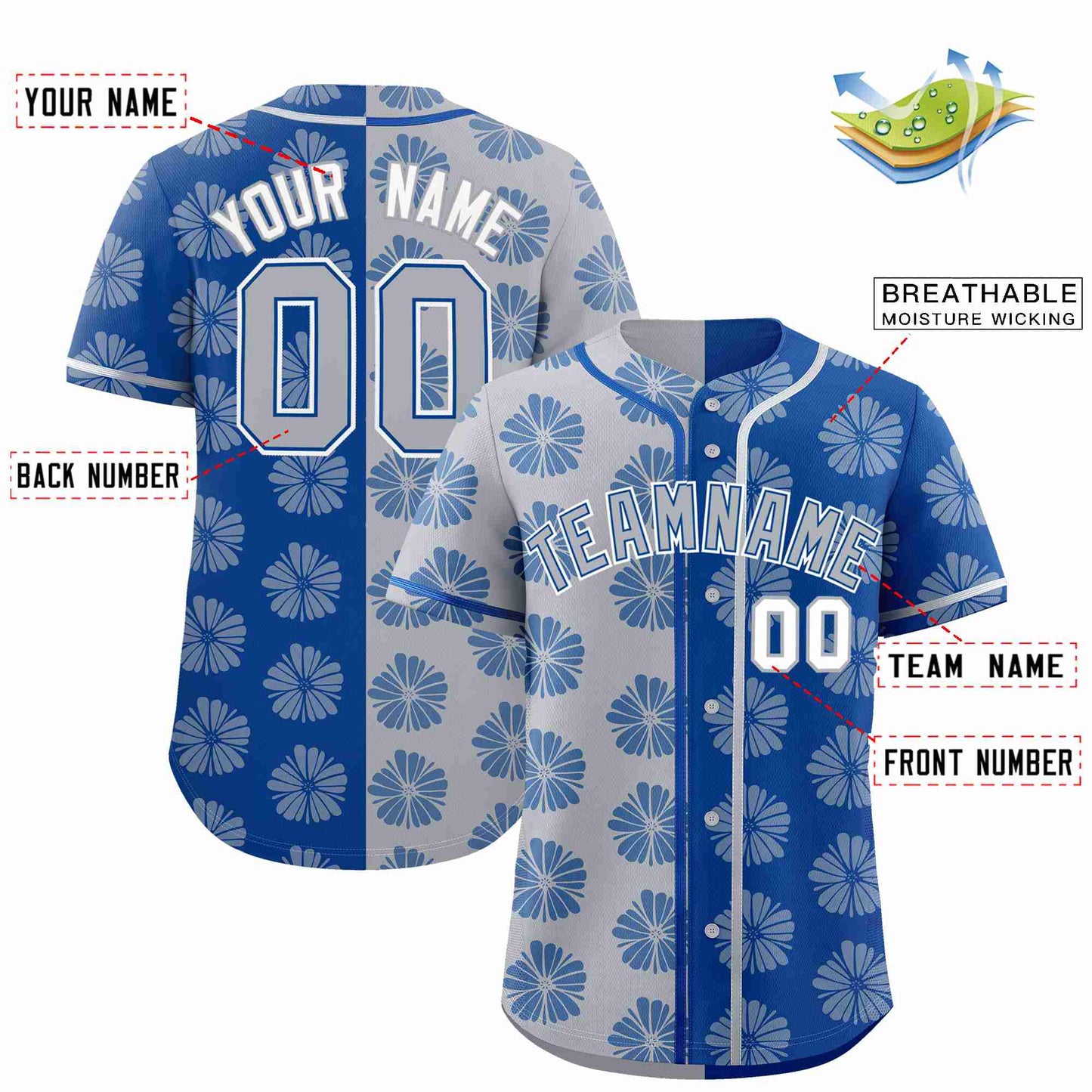 Custom Light Gray Royal Split Fashion Flower Graffiti Pattern Authentic Baseball Jersey