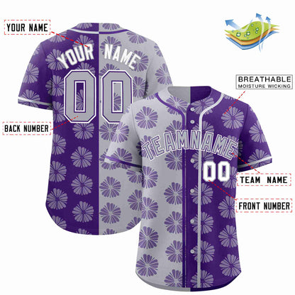 Custom Light Gray Purple Split Fashion Flower Graffiti Pattern Authentic Baseball Jersey