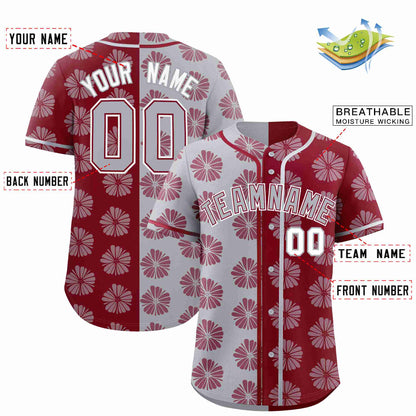 Custom Light Gray Crimson Split Fashion Flower Graffiti Pattern Authentic Baseball Jersey