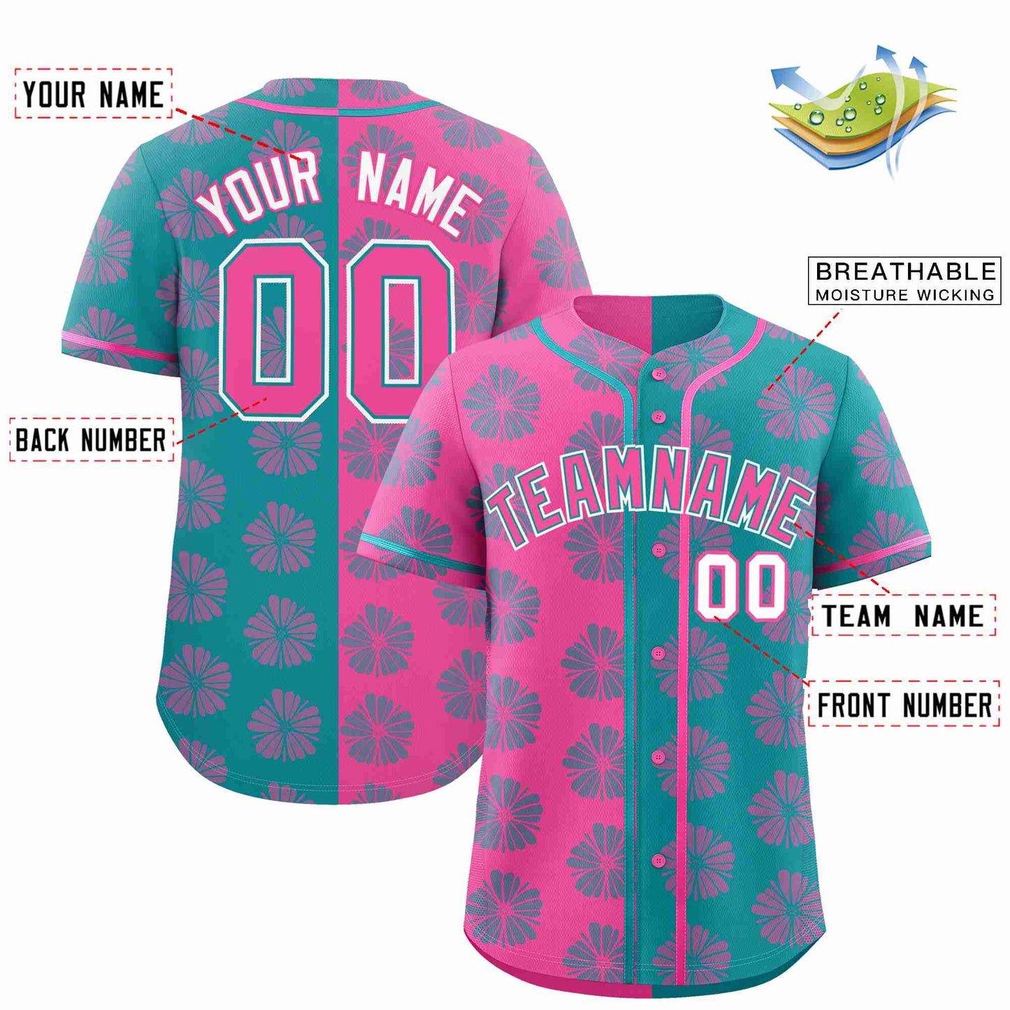 Custom Pink Aqua Split Fashion Flower Graffiti Pattern Authentic Baseball Jersey