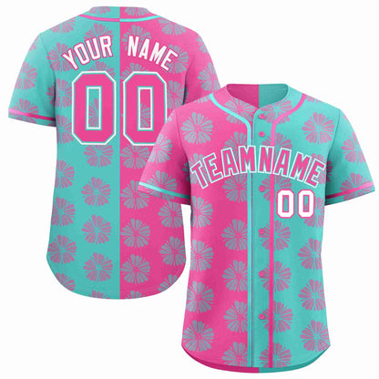 Custom Pink Aqua Split Fashion Flower Graffiti Pattern Authentic Baseball Jersey