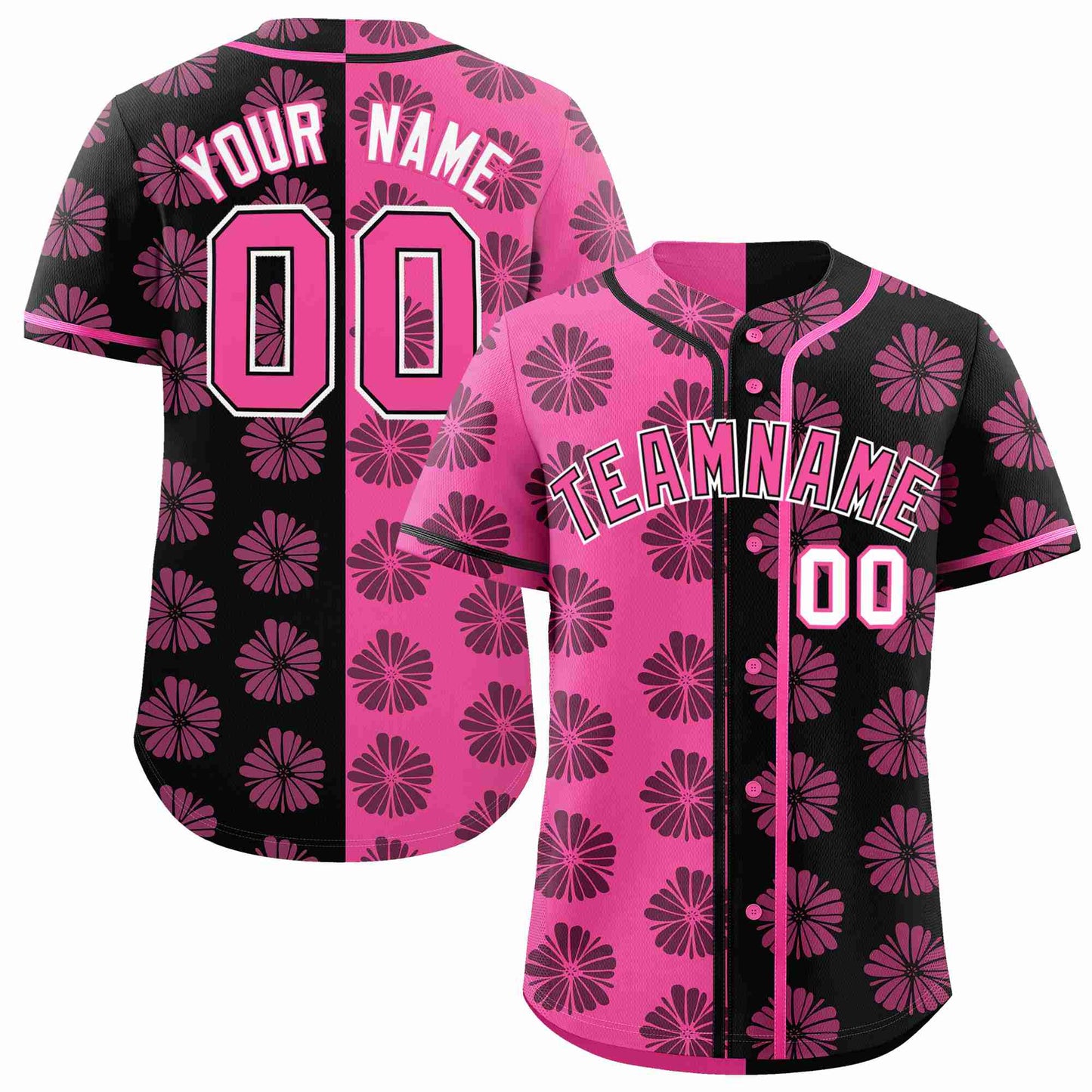 Custom Pink Black Split Fashion Flower Graffiti Pattern Authentic Baseball Jersey