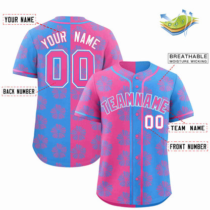 Custom Pink Powder Blue Split Fashion Flower Graffiti Pattern Authentic Baseball Jersey