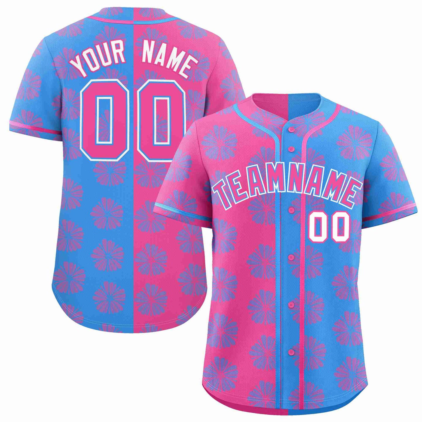 Custom Pink Powder Blue Split Fashion Flower Graffiti Pattern Authentic Baseball Jersey