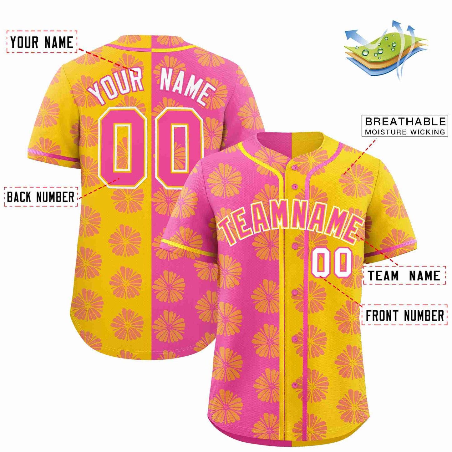 Custom Pink Gold Split Fashion Flower Graffiti Pattern Authentic Baseball Jersey