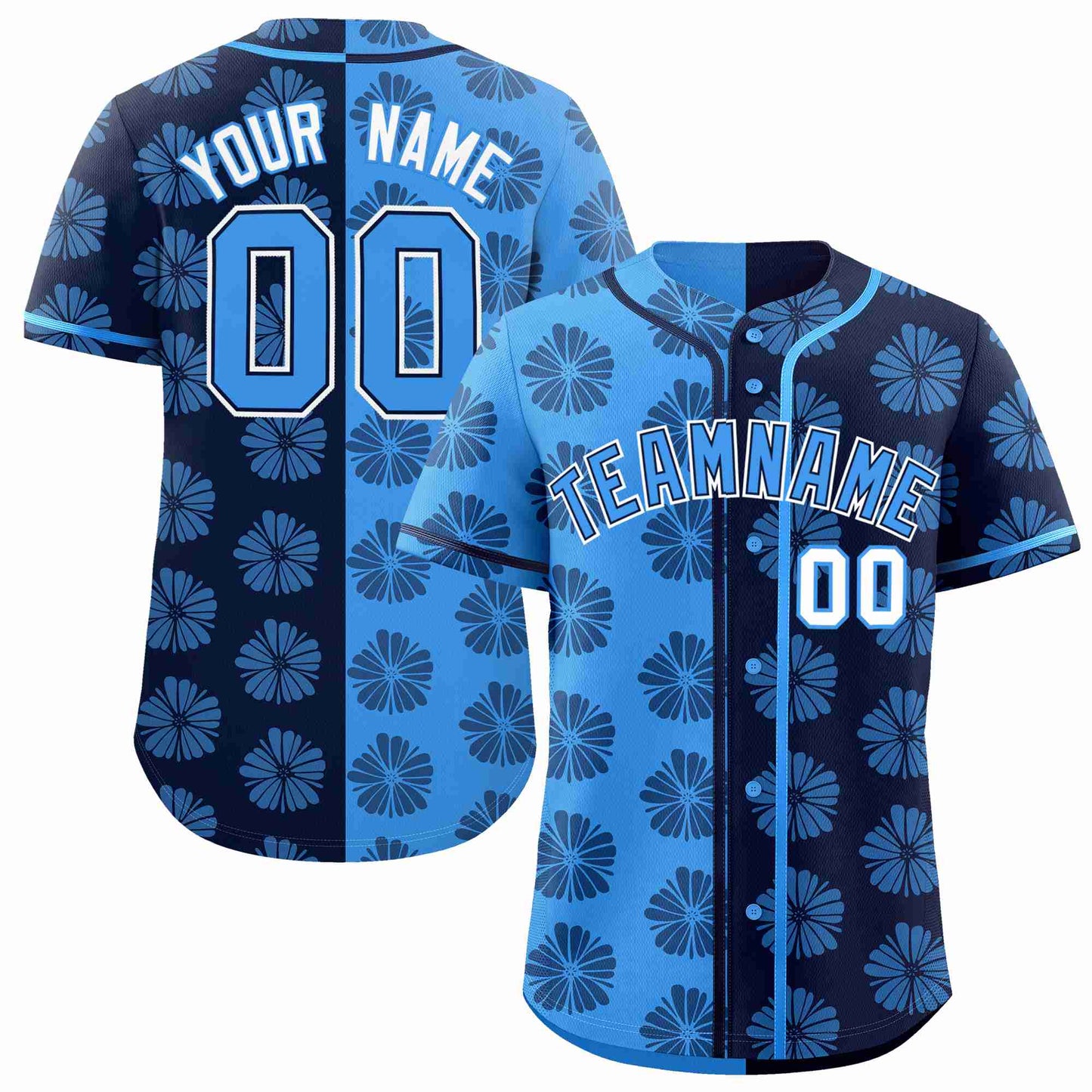 Custom Powder Blue Navy Split Fashion Flower Graffiti Pattern Authentic Baseball Jersey