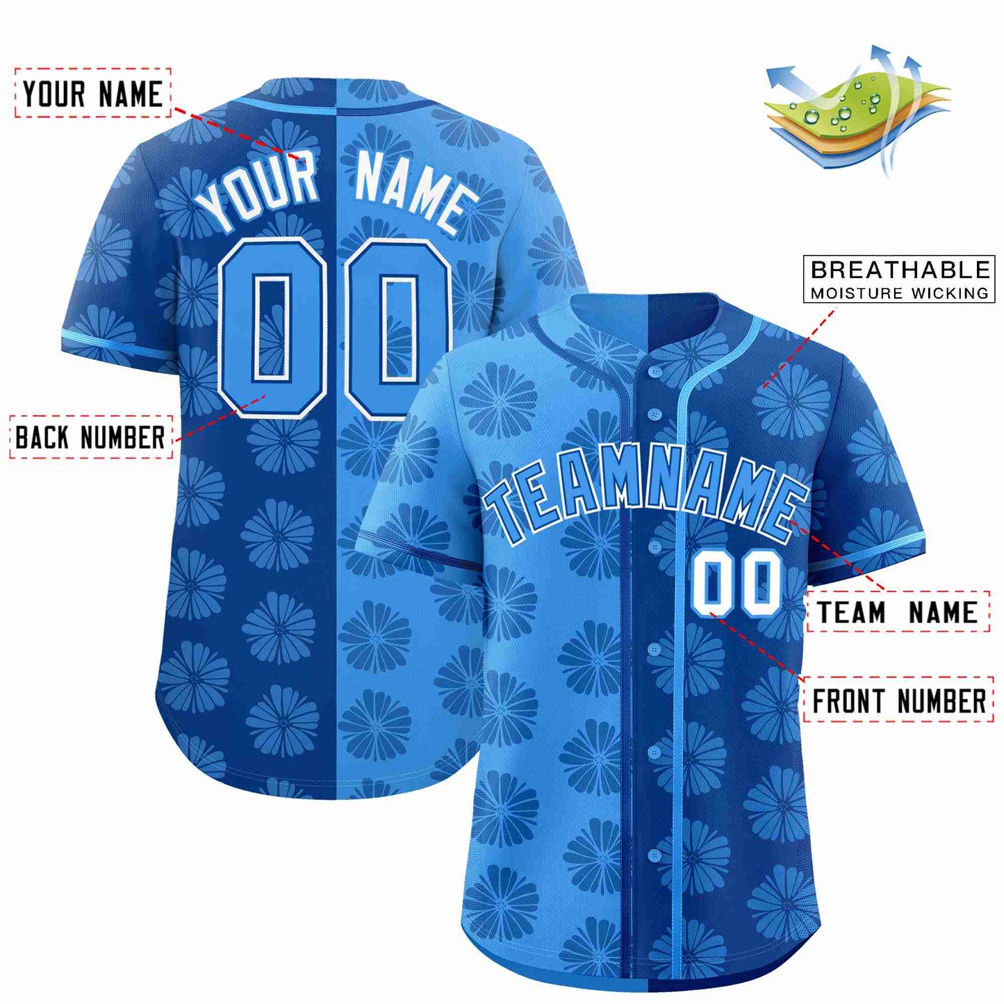 Custom Powder Blue Royal Split Fashion Flower Graffiti Pattern Authentic Baseball Jersey