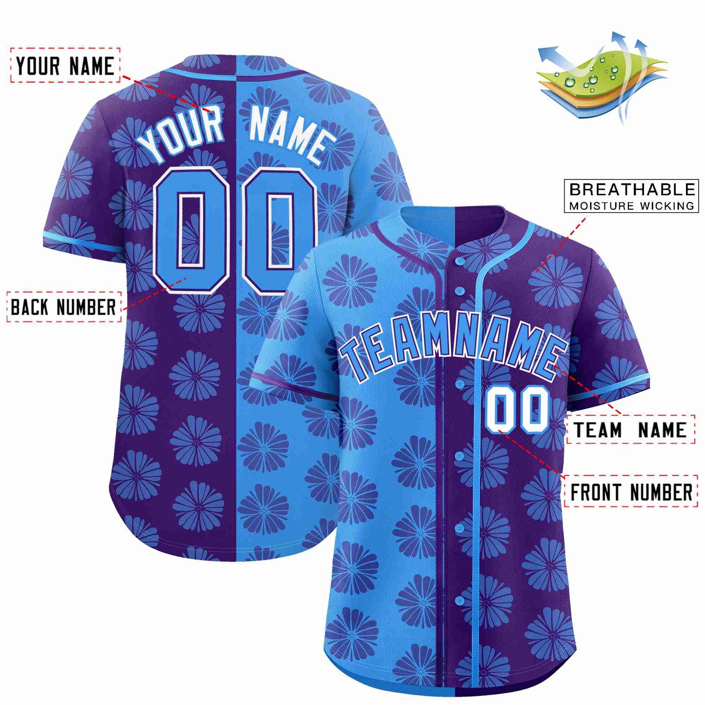 Custom Powder Blue Purple Split Fashion Flower Graffiti Pattern Authentic Baseball Jersey