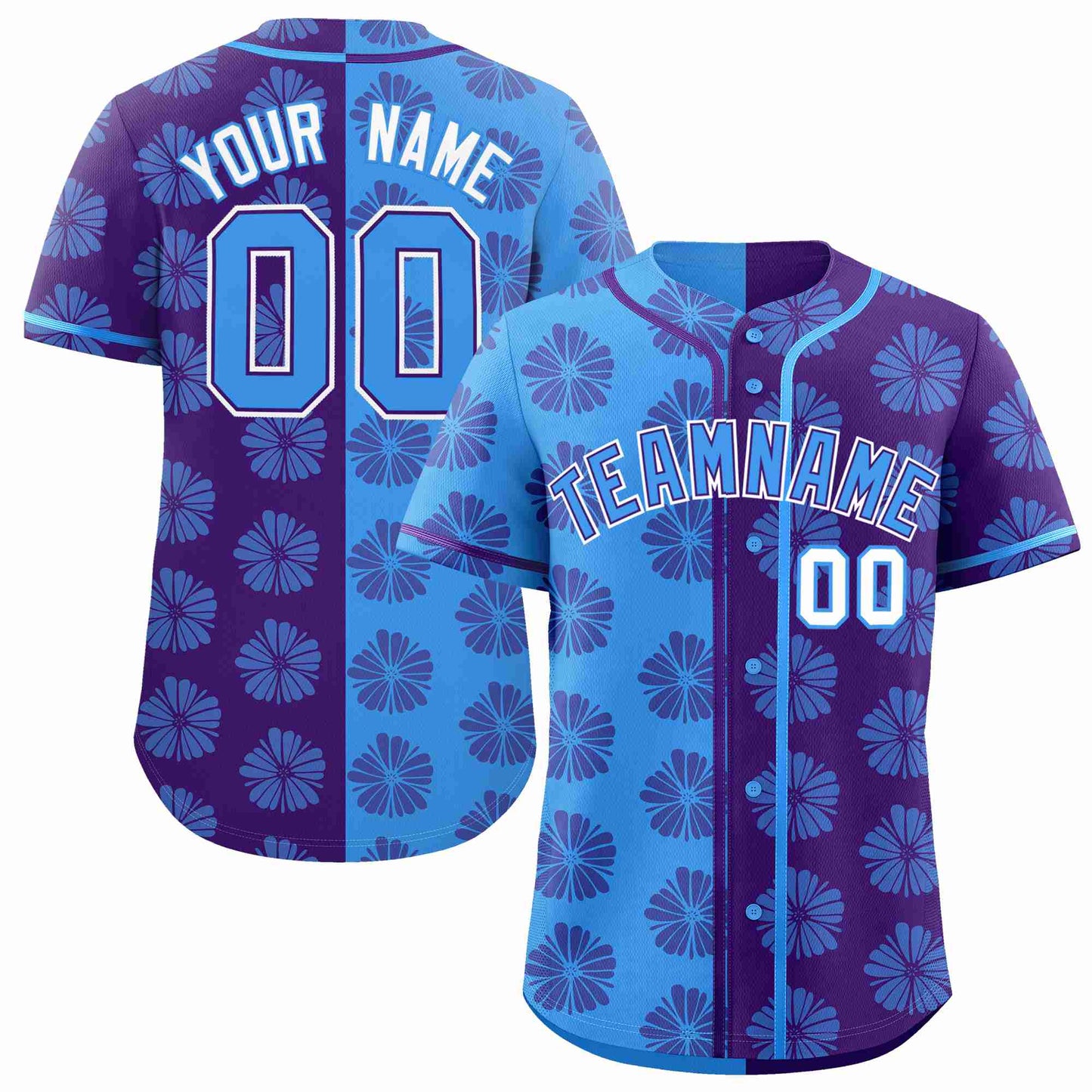 Custom Powder Blue Purple Split Fashion Flower Graffiti Pattern Authentic Baseball Jersey