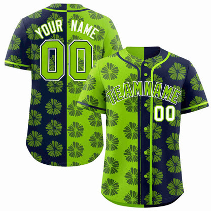 Custom Neon Green Navy Split Fashion Flower Graffiti Pattern Authentic Baseball Jersey