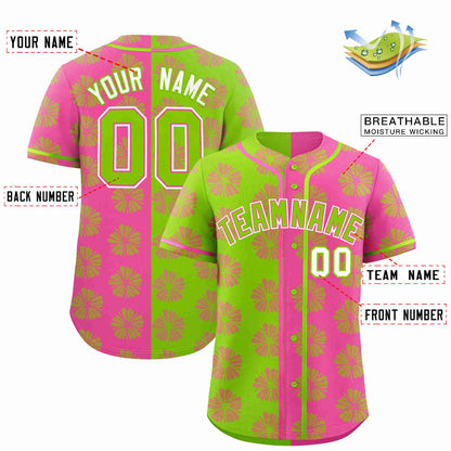 Custom Neon Green Pink Split Fashion Flower Graffiti Pattern Authentic Baseball Jersey