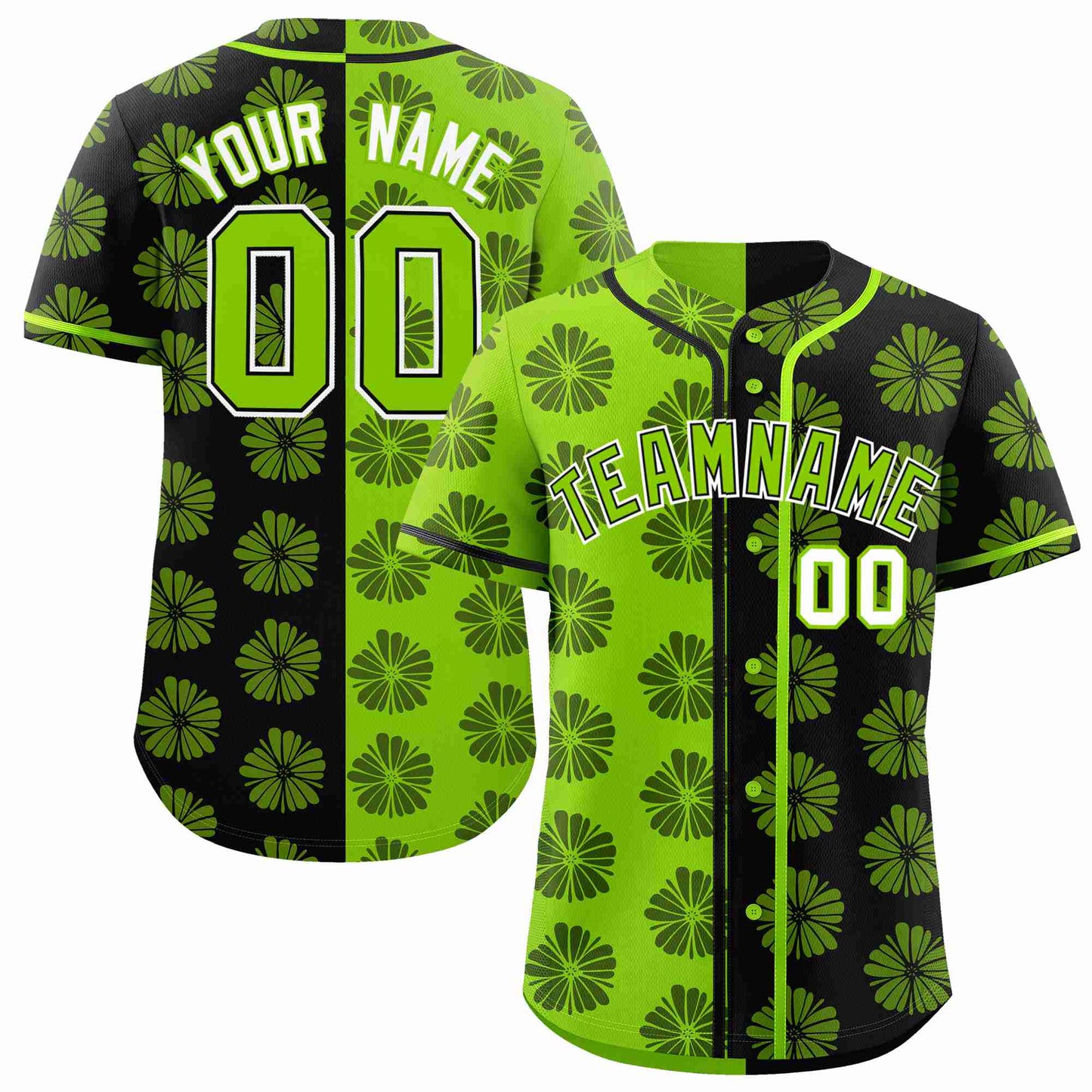 Custom Neon Green Black Split Fashion Flower Graffiti Pattern Authentic Baseball Jersey