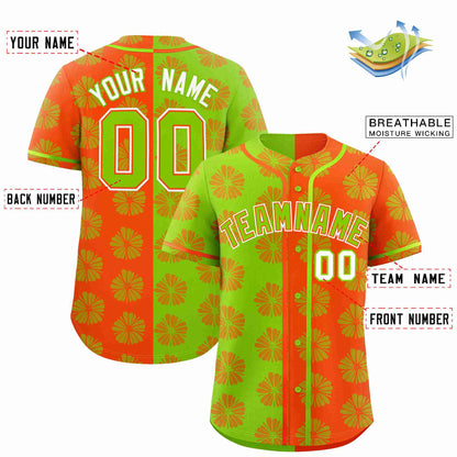 Custom Neon Green Orange Split Fashion Flower Graffiti Pattern Authentic Baseball Jersey