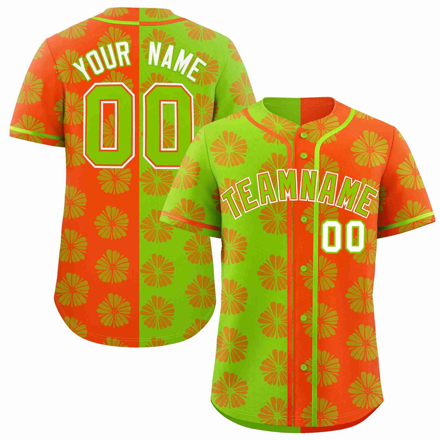 Custom Neon Green Orange Split Fashion Flower Graffiti Pattern Authentic Baseball Jersey