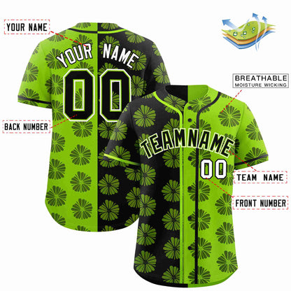 Custom Black Neon Green Split Fashion Flower Graffiti Pattern Authentic Baseball Jersey