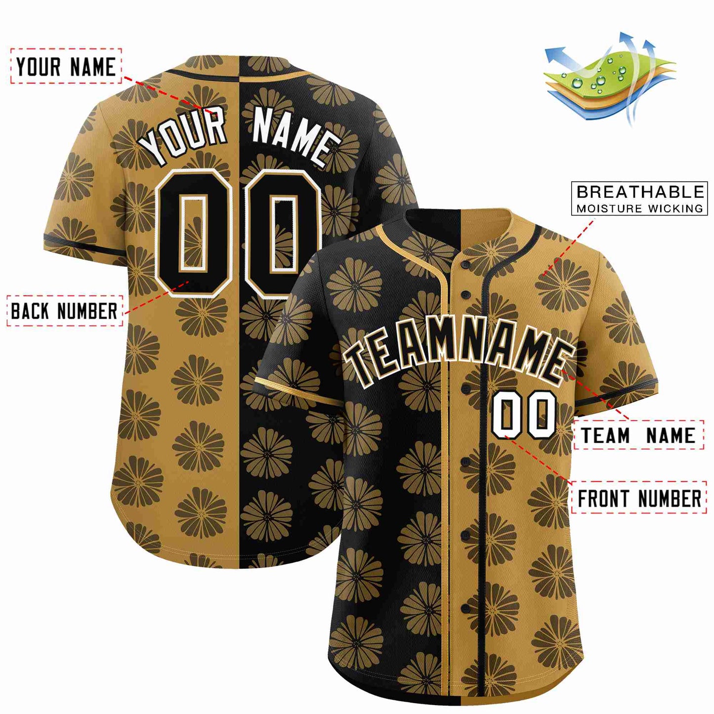 Custom Black Old Gold Split Fashion Flower Graffiti Pattern Authentic Baseball Jersey