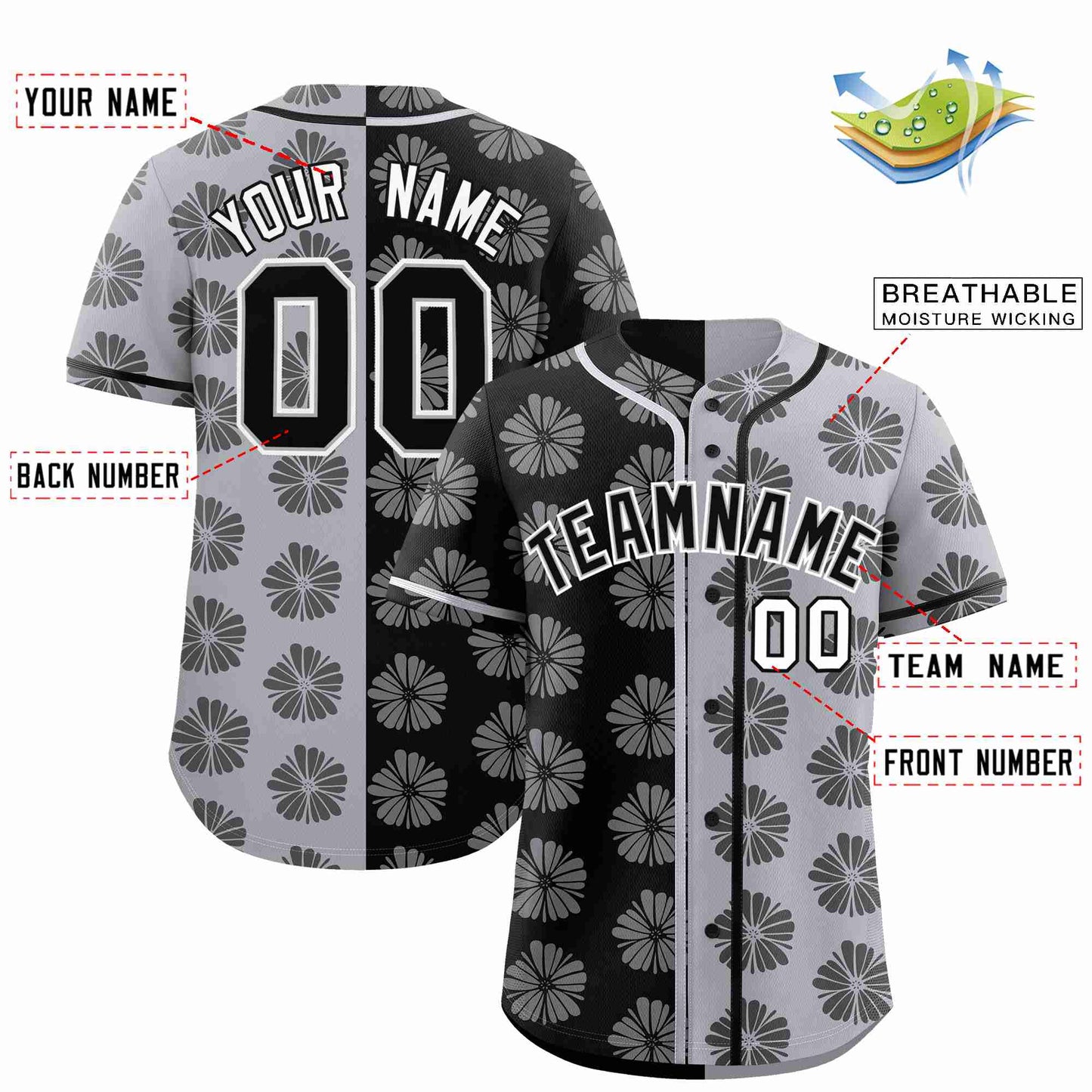 Custom Black Light Gray Split Fashion Flower Graffiti Pattern Authentic Baseball Jersey