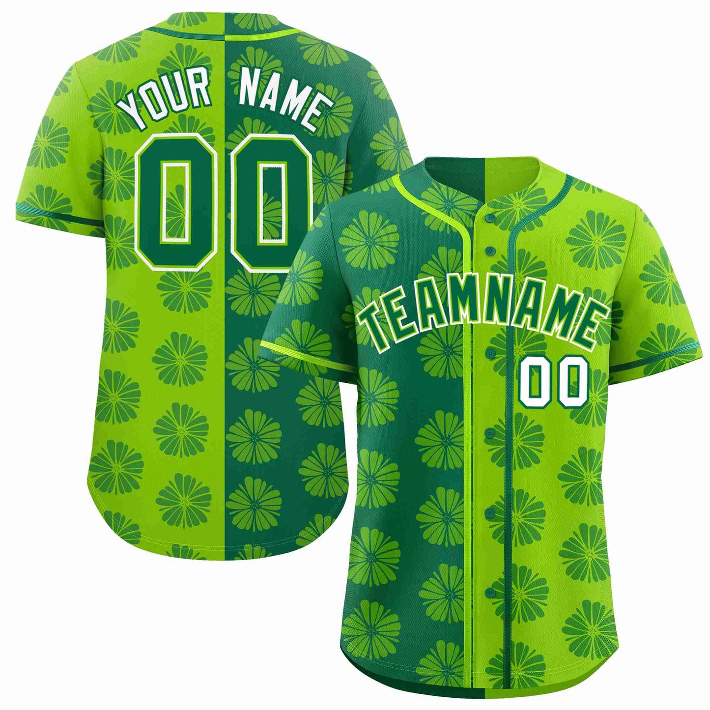 Custom Kelly Green Neon Green Split Fashion Flower Graffiti Pattern Authentic Baseball Jersey