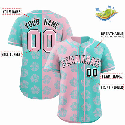 Custom Light Pink Aqua Split Fashion Flower Graffiti Pattern Authentic Baseball Jersey