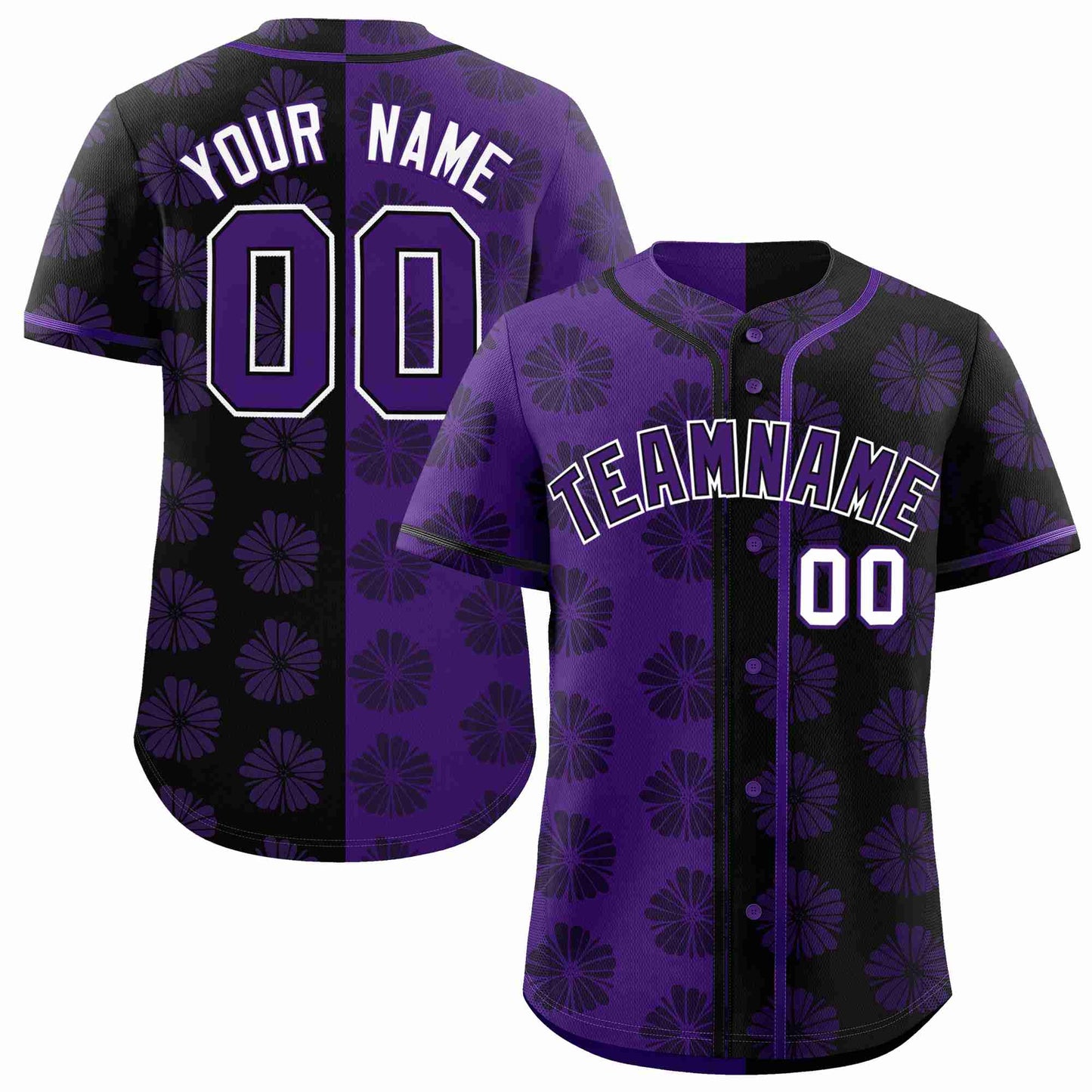 Custom Purple Black Split Fashion Flower Graffiti Pattern Authentic Baseball Jersey