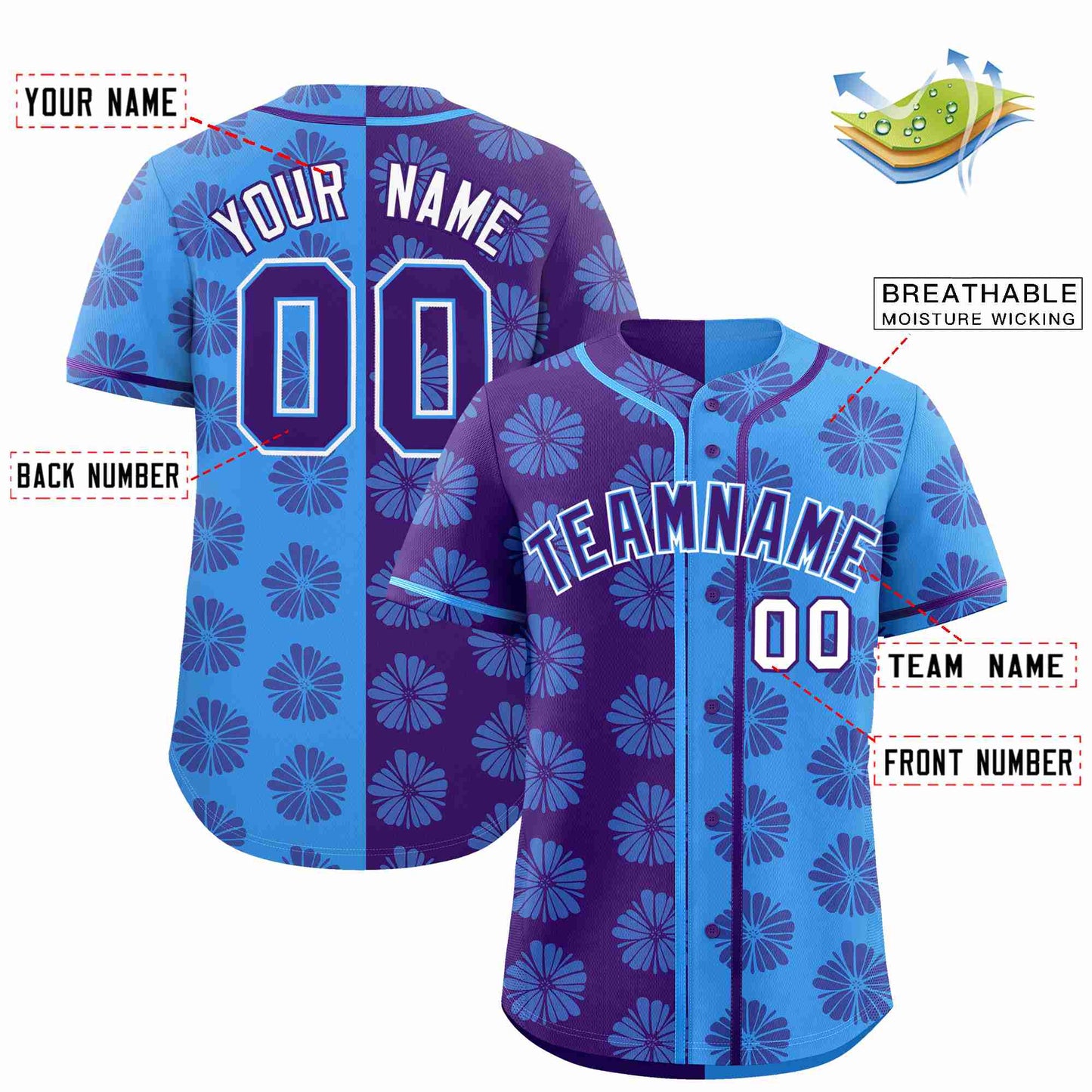 Custom Purple Powder Blue Split Fashion Flower Graffiti Pattern Authentic Baseball Jersey